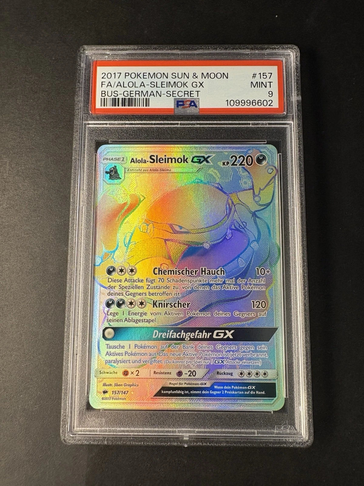Alola-Sleimok GX Rainbow Pokemon Karte Deutsch 157/147 Nacht in Flammen PSA 9