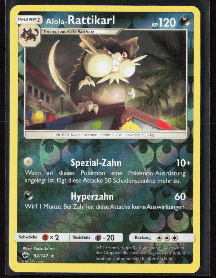 Pokemon Alola-Rattikarl 82 Unlicht 2017 Reverse Holo Nacht in Flammen NM