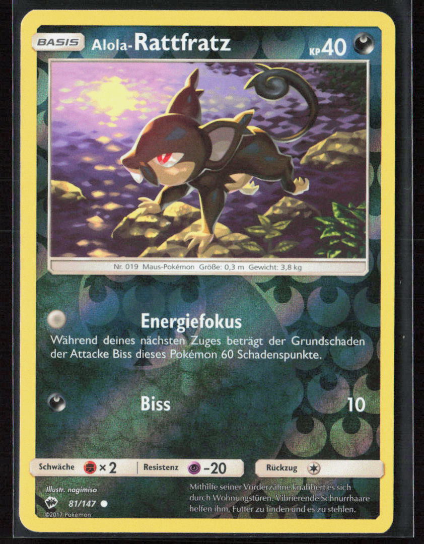Pokemon Alola-Rattfratz 81/147 Unlicht 2017 Reverse Holo Nacht in Flammen NM