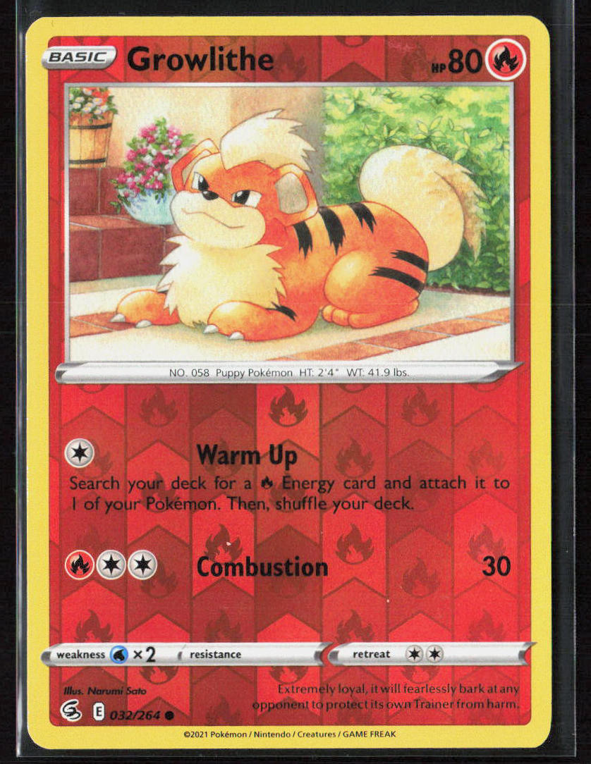 Pokemon TCG Growlithe 032/264 Fire 2021 Reverse Holo SWSH08: Fusion Strike NM
