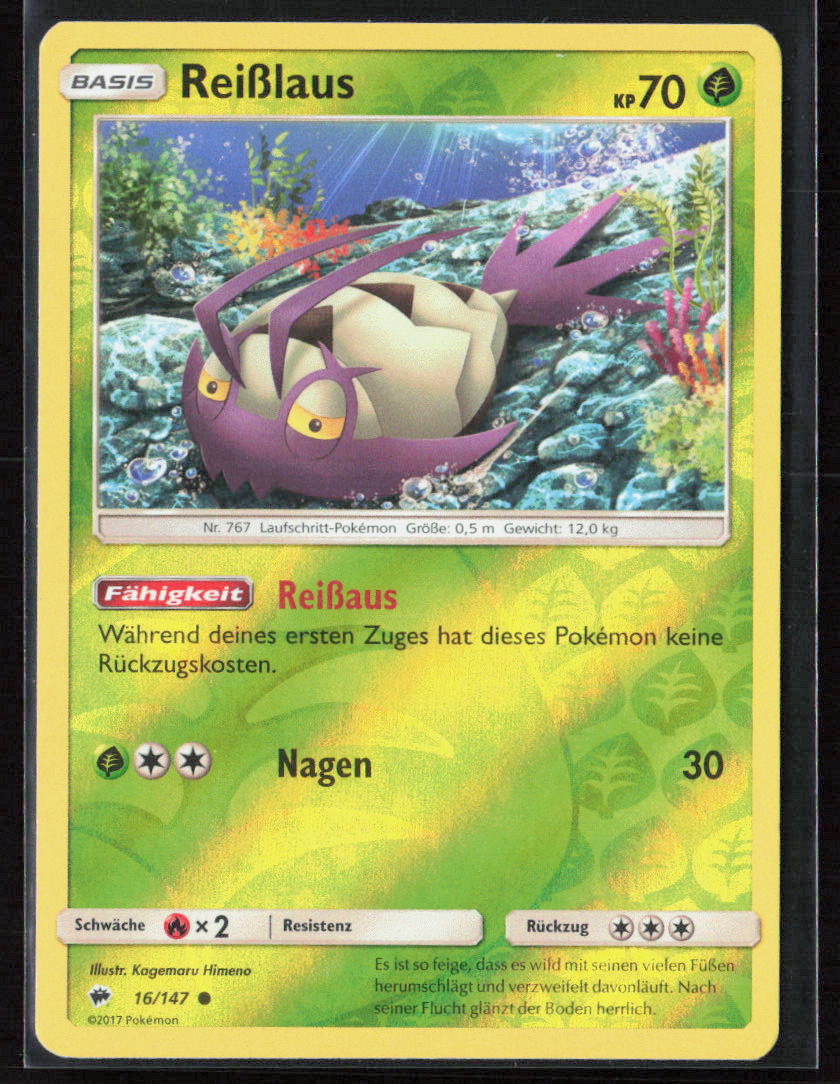 Pokemon TCG Reißlaus 16/147 Pflanze 2017 Reverse Holo Nacht in Flammen NM