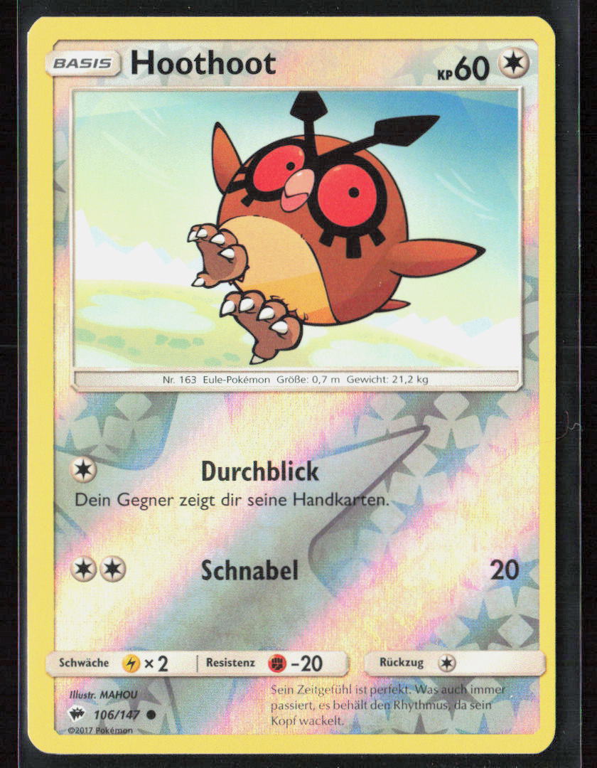 Pokemon TCG Hoothoot 106/147 Farblos 2017 Reverse Holo Nacht in Flammen NM