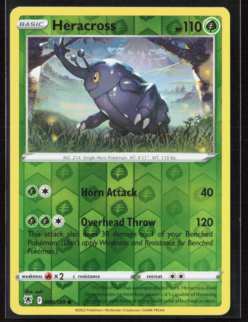 Pokemon TCG Heracross 008/189 Grass 2022 Reverse Holo SWSH10: Astral Radiance NM