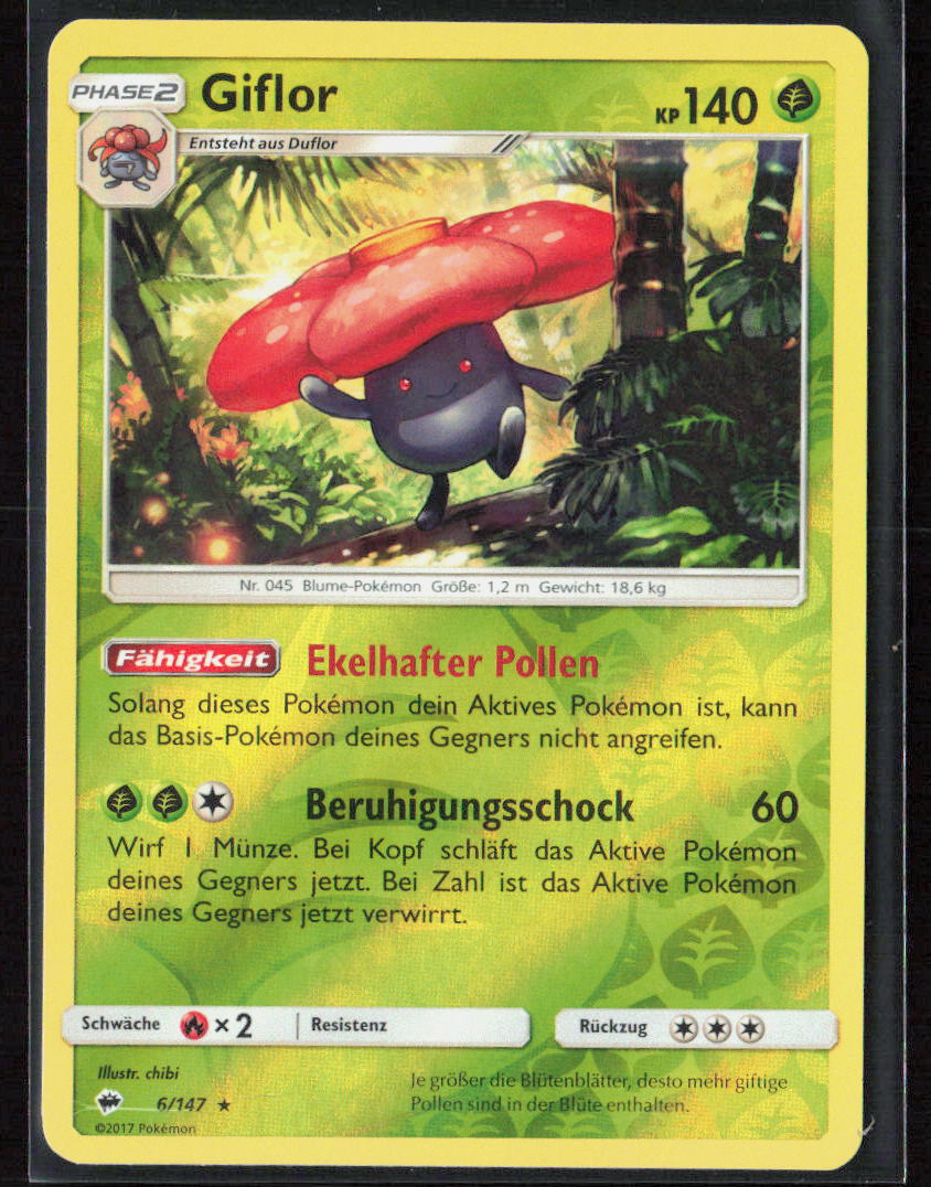 Pokemon Giflor 6/147 Pflanze 2017 Reverse Holo Nacht in Flammen NM